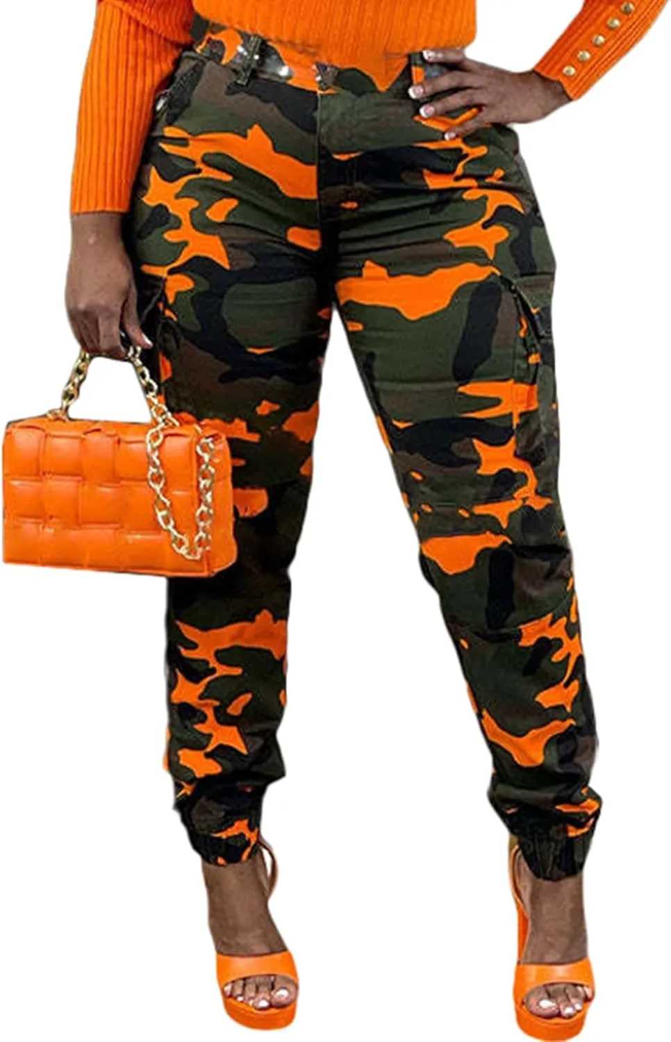 Vakkest Womens Camo Cargo Pants Army Fatigue Jogger Camouflage High Waist Trouser Clubwear Y2K Sweatpants with Belt
