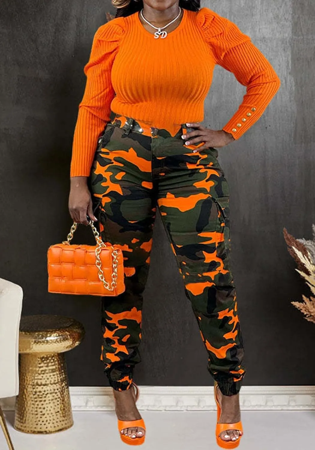 Vakkest Womens Camo Cargo Pants Army Fatigue Jogger Camouflage High Waist Trouser Clubwear Y2K Sweatpants with Belt