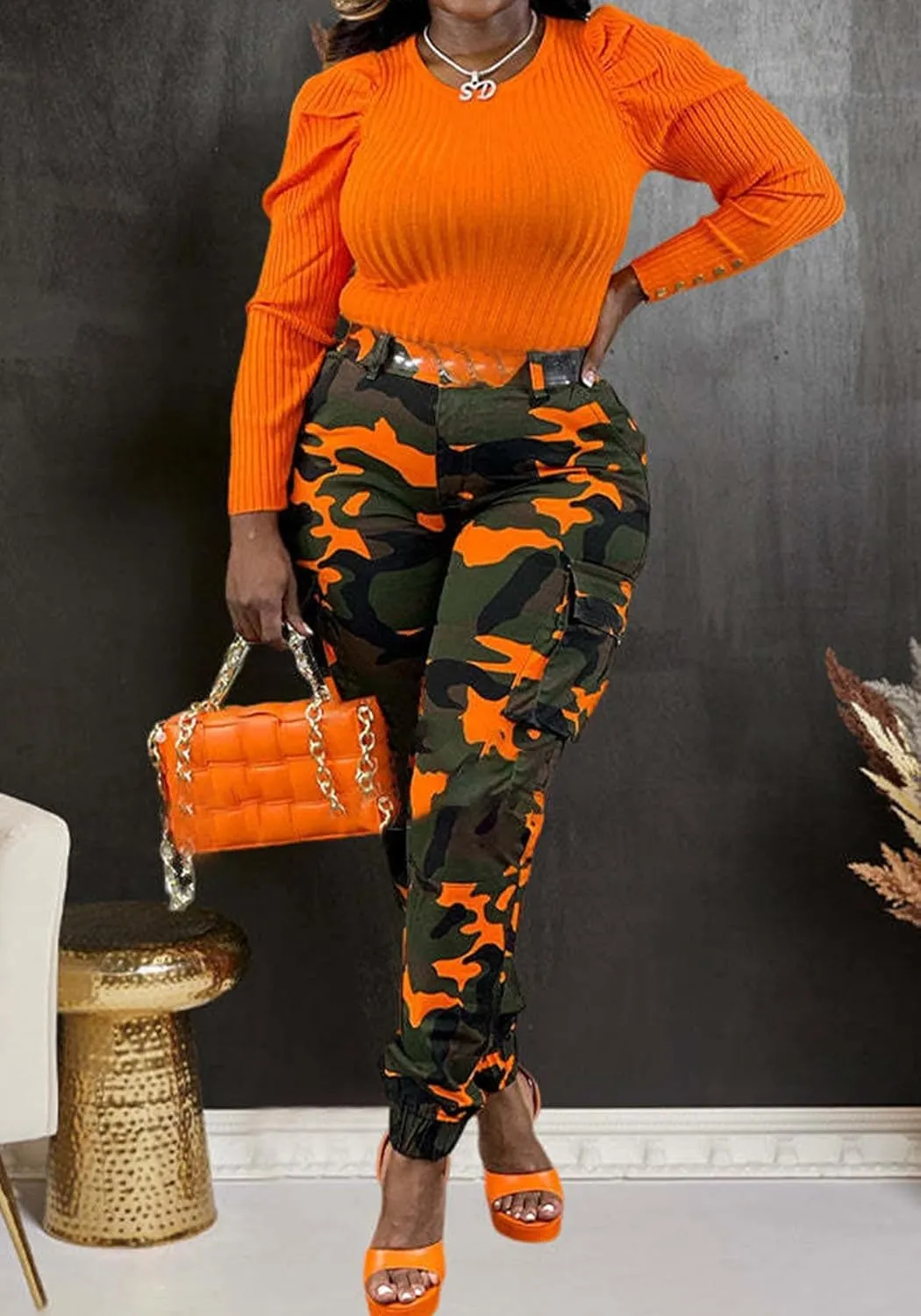 Vakkest Womens Camo Cargo Pants Army Fatigue Jogger Camouflage High Waist Trouser Clubwear Y2K Sweatpants with Belt