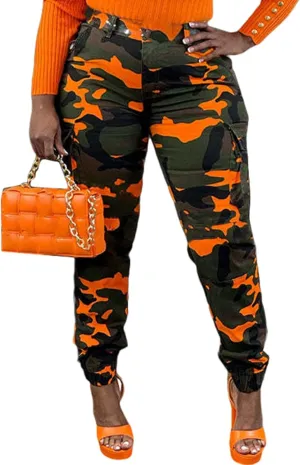 Vakkest Womens Camo Cargo Pants Army Fatigue Jogger Camouflage High Waist Trouser Clubwear Y2K Sweatpants with Belt