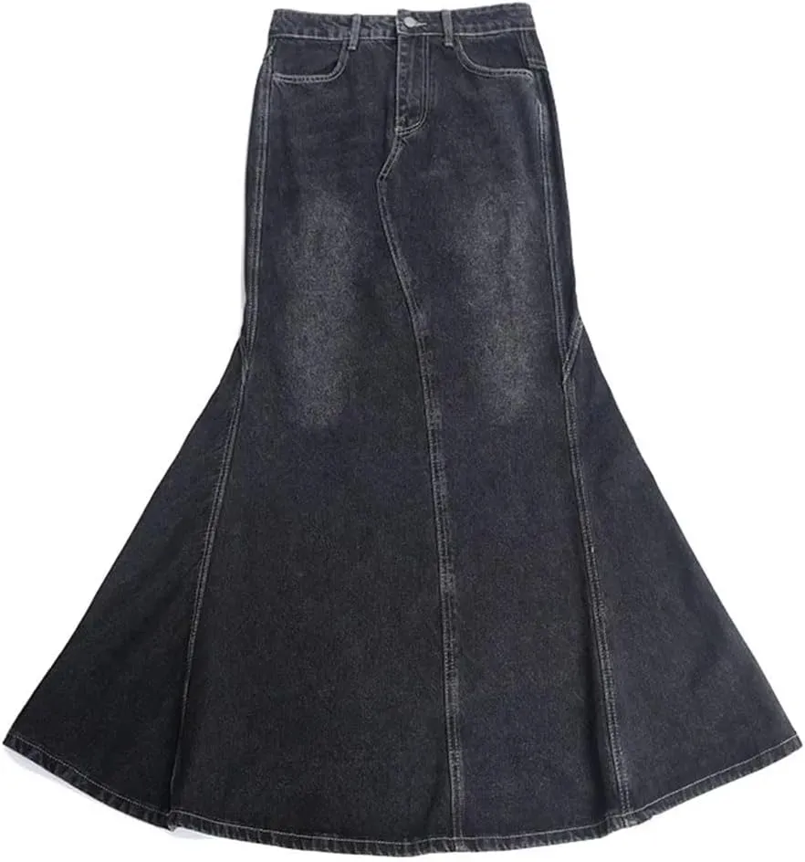 Vintage Denim Skirt Women's High Waisted Slimming Long Maxi Skirt Stretch Jeans Skirt Pockets Casual