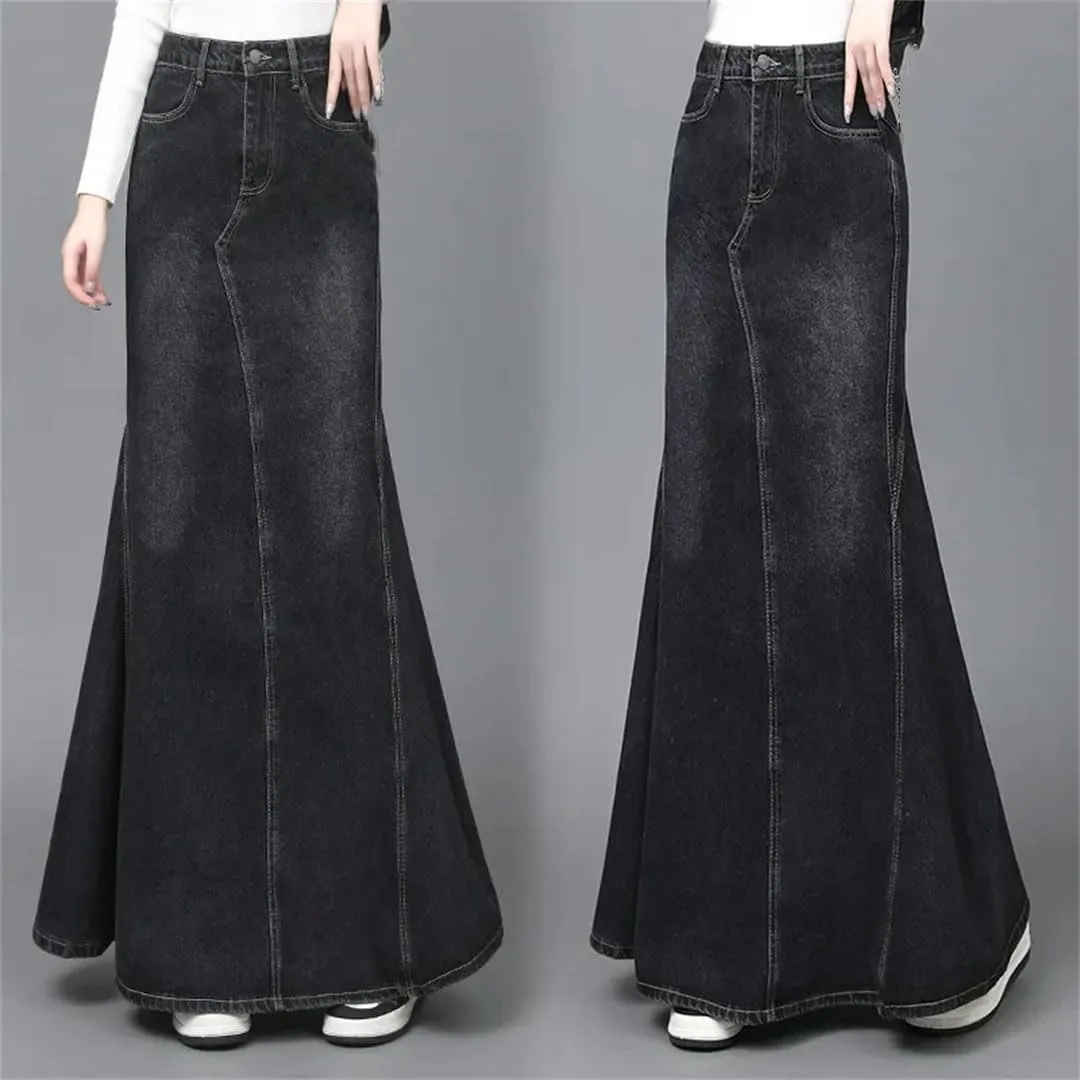 Vintage Denim Skirt Women's High Waisted Slimming Long Maxi Skirt Stretch Jeans Skirt Pockets Casual