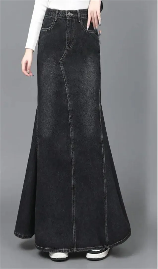 Vintage Denim Skirt Women's High Waisted Slimming Long Maxi Skirt Stretch Jeans Skirt Pockets Casual