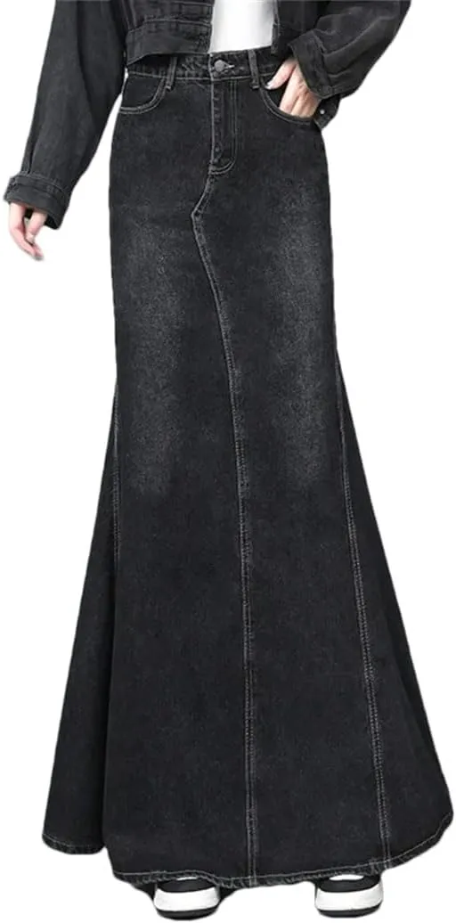Vintage Denim Skirt Women's High Waisted Slimming Long Maxi Skirt Stretch Jeans Skirt Pockets Casual