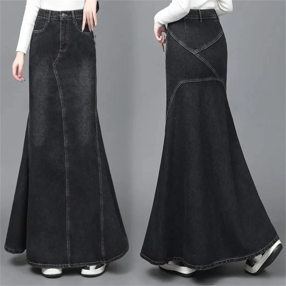 Vintage Denim Skirt Women's High Waisted Slimming Long Maxi Skirt Stretch Jeans Skirt Pockets Casual