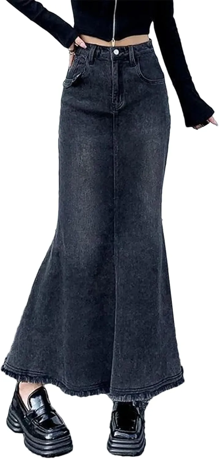Vintage Distressed Fashion Midi Denim Skirts for Women High Waisted Trumpet Fishtail A Line Skirts
