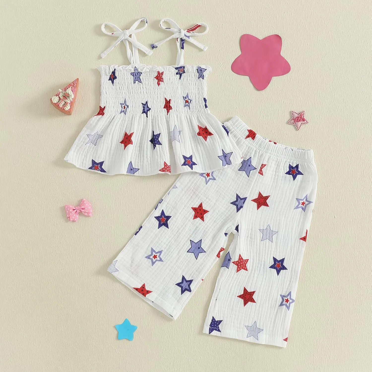 VISGOGO 4th of July Toddler Girl Outfits Smocked Strap Camisole Sleeveless Tops Pants Set Stars/Popsicle Baby Girl Clothes