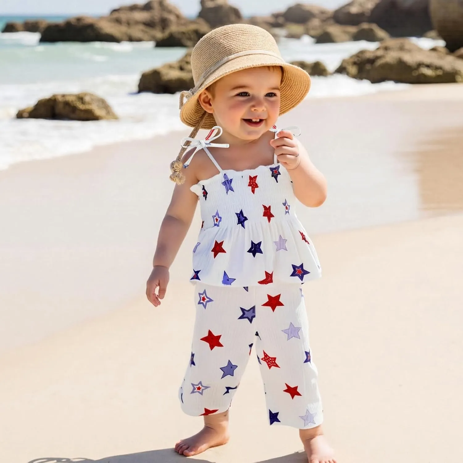 VISGOGO 4th of July Toddler Girl Outfits Smocked Strap Camisole Sleeveless Tops Pants Set Stars/Popsicle Baby Girl Clothes