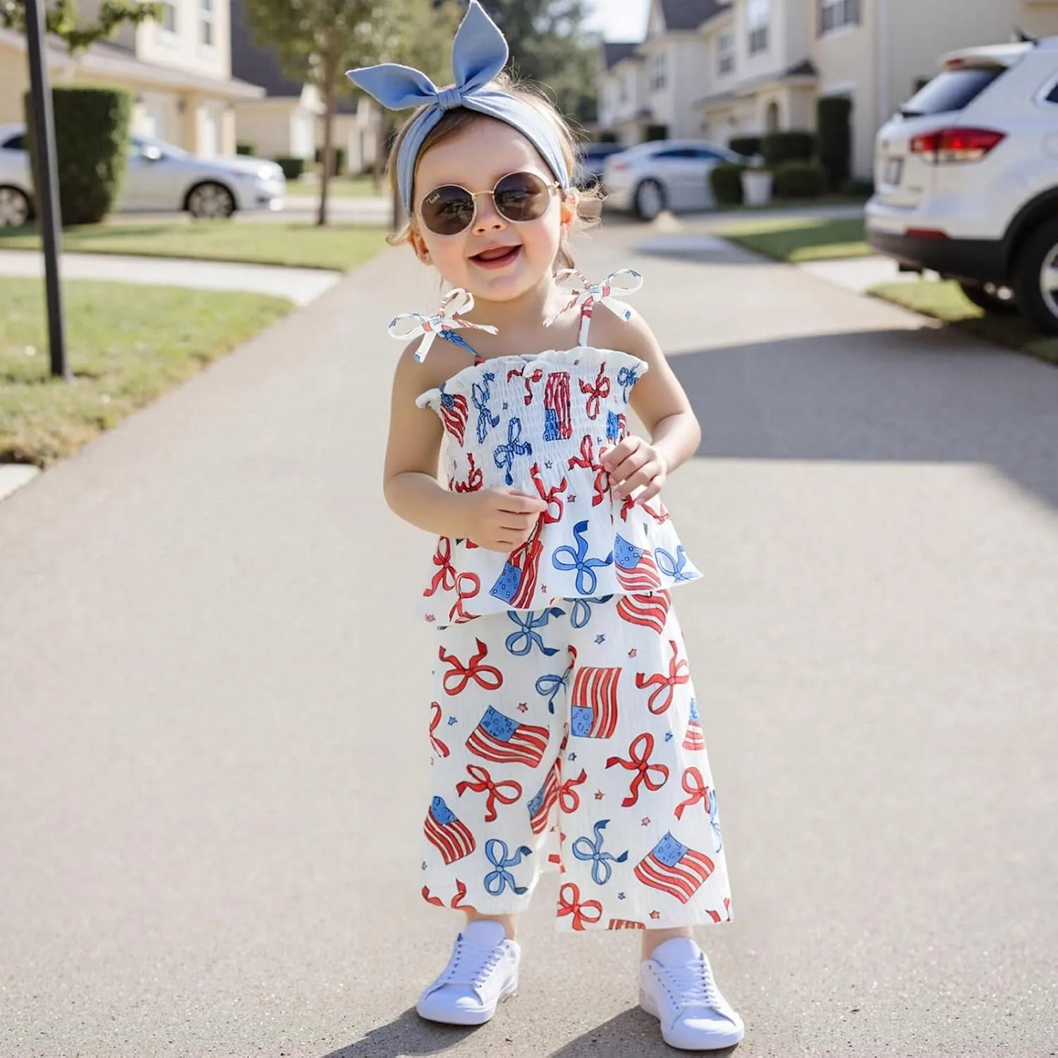 VISGOGO 4th of July Toddler Girl Outfits Smocked Strap Camisole Sleeveless Tops Pants Set Stars/Popsicle Baby Girl Clothes