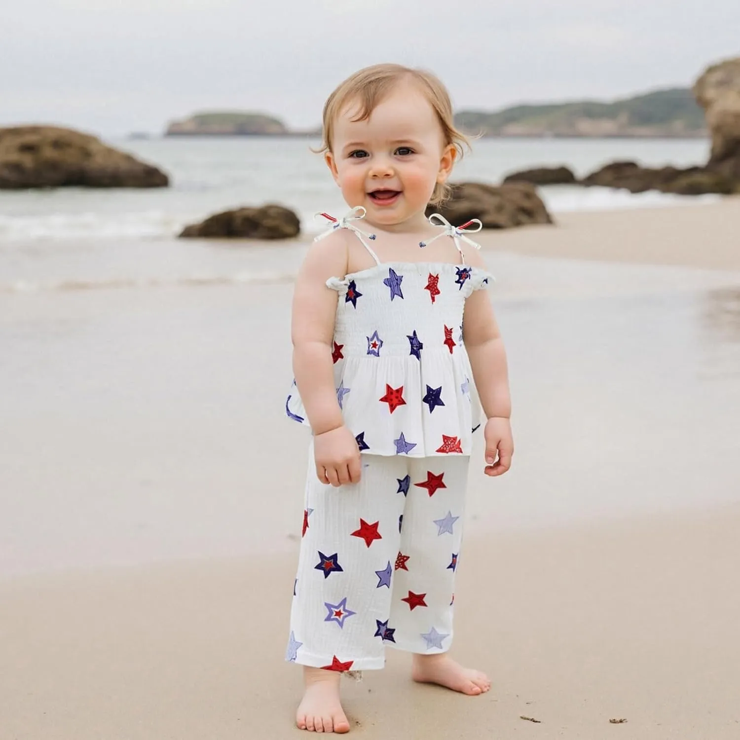 VISGOGO 4th of July Toddler Girl Outfits Smocked Strap Camisole Sleeveless Tops Pants Set Stars/Popsicle Baby Girl Clothes
