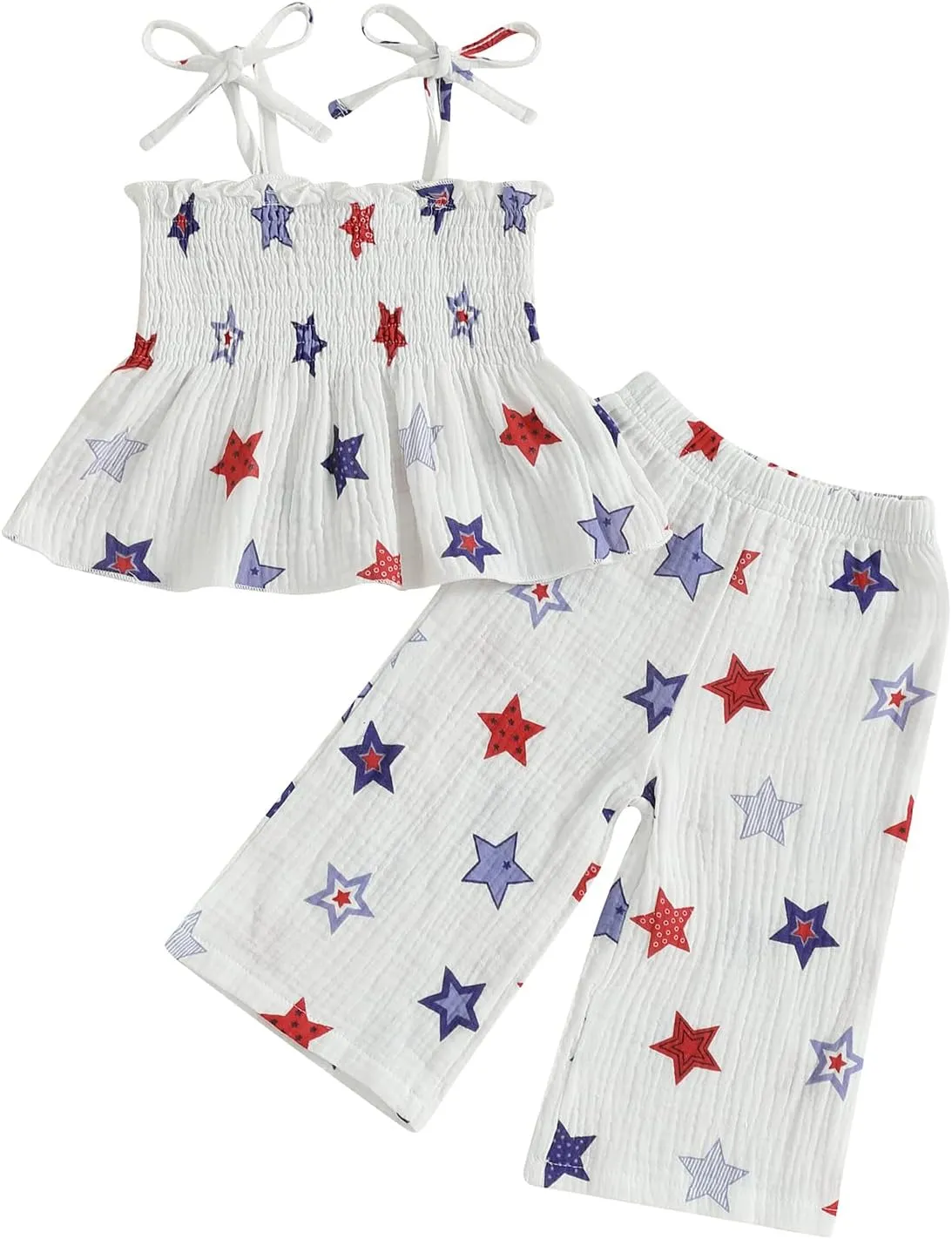 VISGOGO 4th of July Toddler Girl Outfits Smocked Strap Camisole Sleeveless Tops Pants Set Stars/Popsicle Baby Girl Clothes