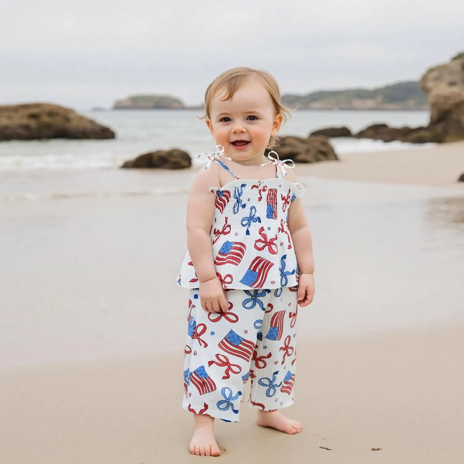 VISGOGO 4th of July Toddler Girl Outfits Smocked Strap Camisole Sleeveless Tops Pants Set Stars/Popsicle Baby Girl Clothes