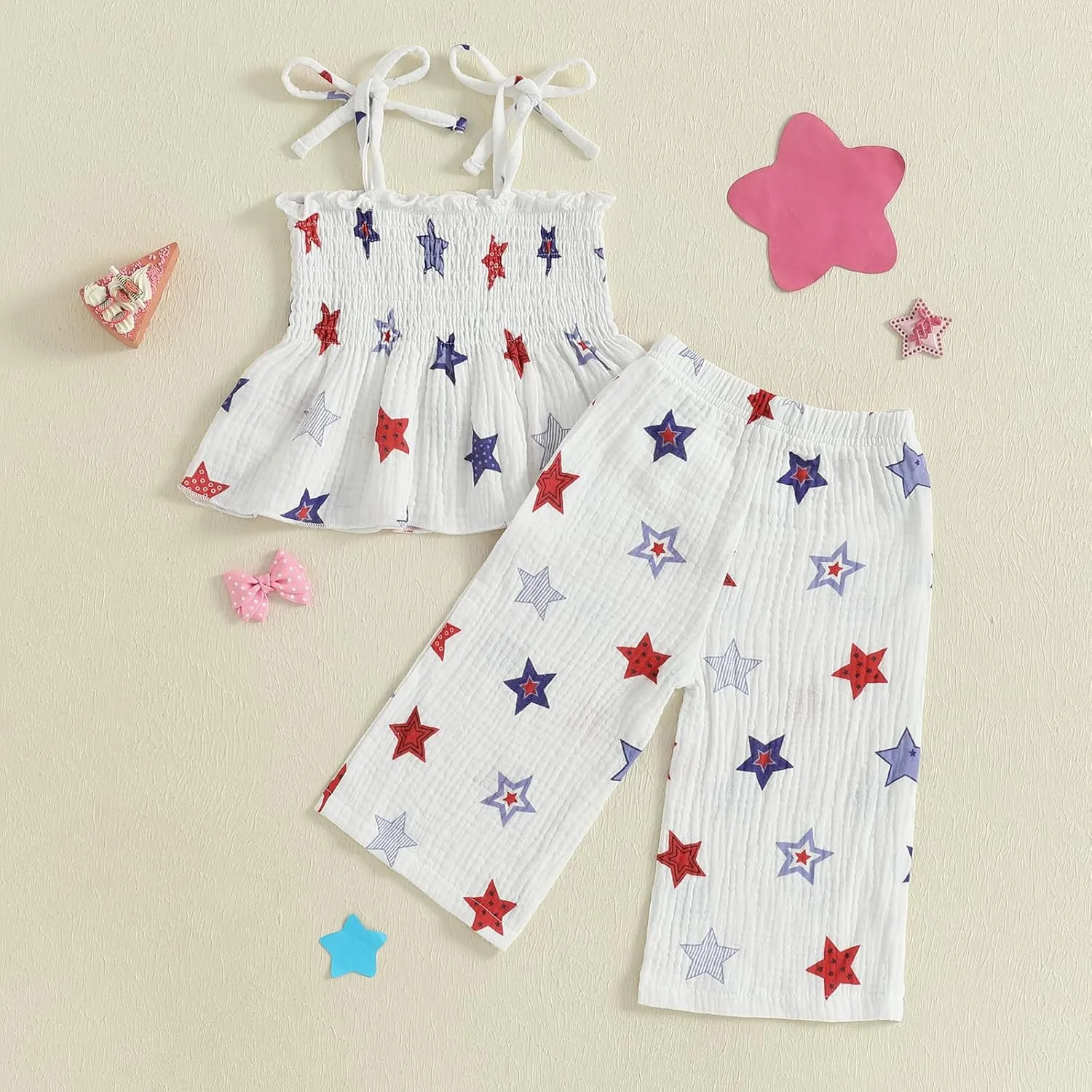 VISGOGO 4th of July Toddler Girl Outfits Smocked Strap Camisole Sleeveless Tops Pants Set Stars/Popsicle Baby Girl Clothes