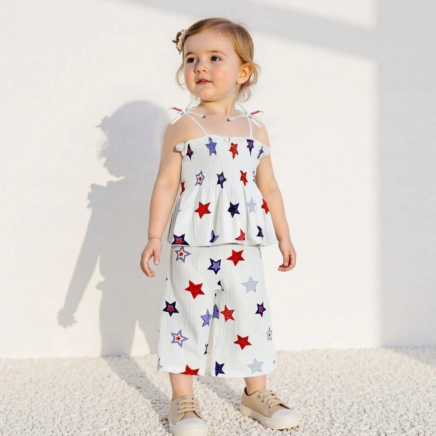VISGOGO 4th of July Toddler Girl Outfits Smocked Strap Camisole Sleeveless Tops Pants Set Stars/Popsicle Baby Girl Clothes