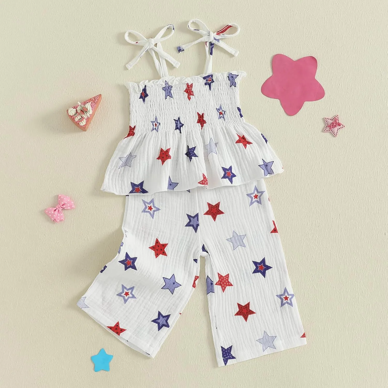 VISGOGO 4th of July Toddler Girl Outfits Smocked Strap Camisole Sleeveless Tops Pants Set Stars/Popsicle Baby Girl Clothes
