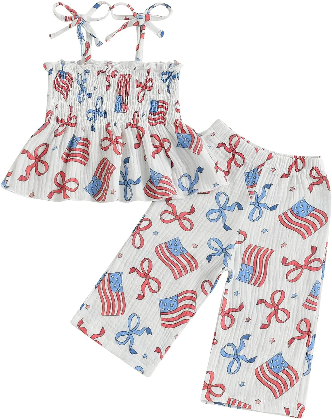 VISGOGO 4th of July Toddler Girl Outfits Smocked Strap Camisole Sleeveless Tops Pants Set Stars/Popsicle Baby Girl Clothes
