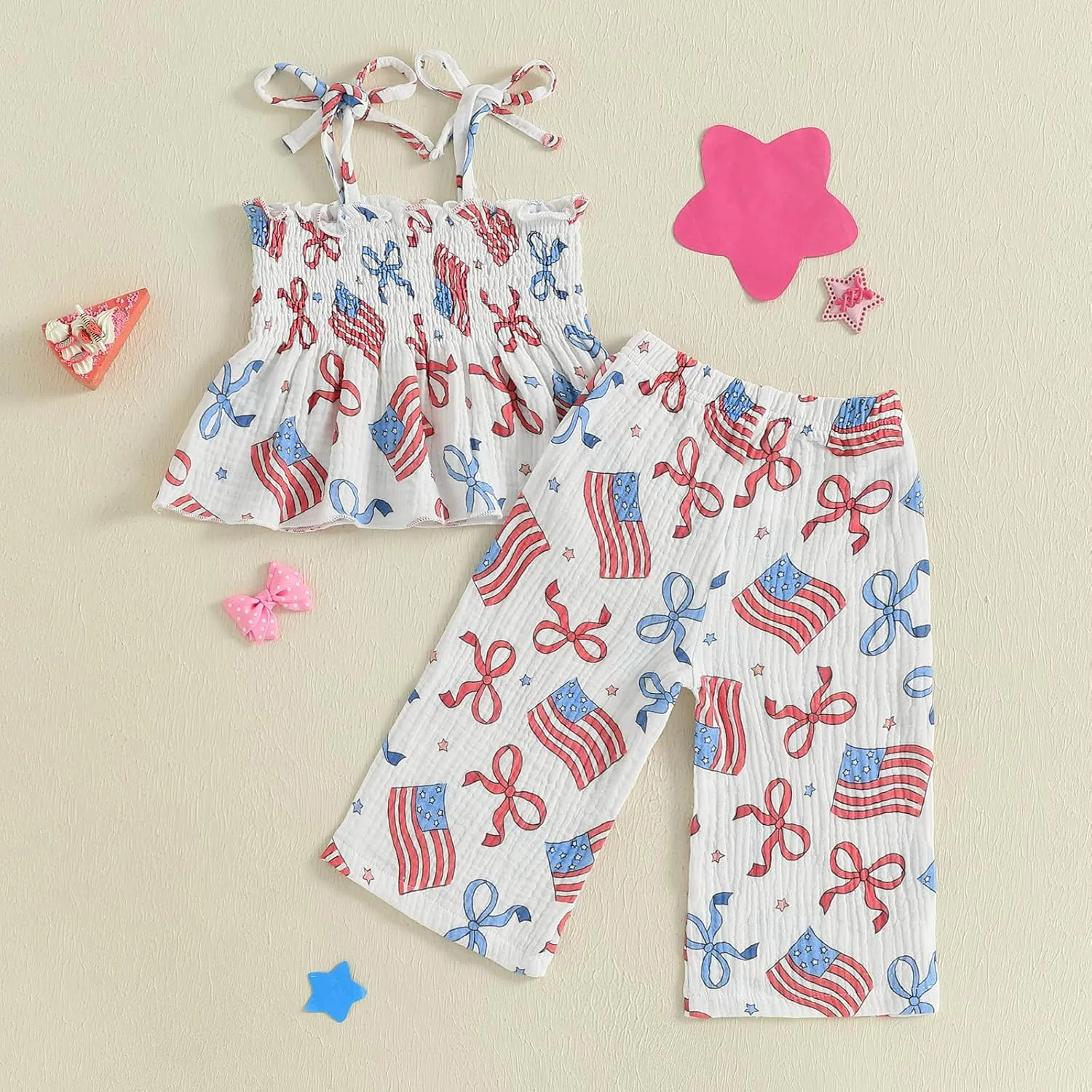 VISGOGO 4th of July Toddler Girl Outfits Smocked Strap Camisole Sleeveless Tops Pants Set Stars/Popsicle Baby Girl Clothes