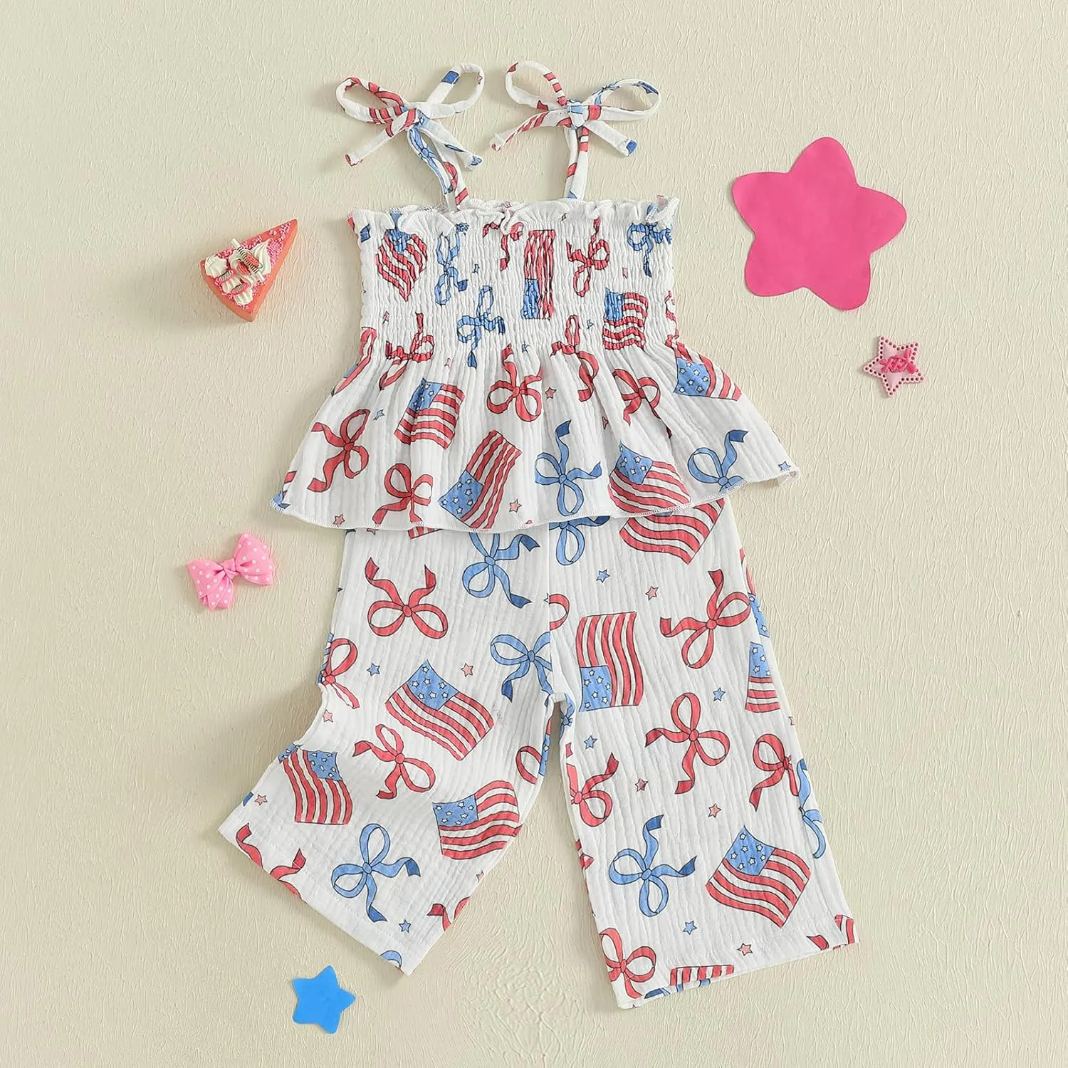 VISGOGO 4th of July Toddler Girl Outfits Smocked Strap Camisole Sleeveless Tops Pants Set Stars/Popsicle Baby Girl Clothes