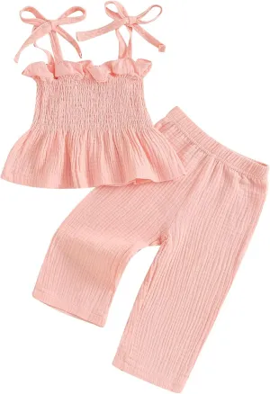 VISGOGO Infant Baby Toddler Girls Clothes Solid Color Sleeveless Camisole Linen Pants Set Baby Summer Outfits