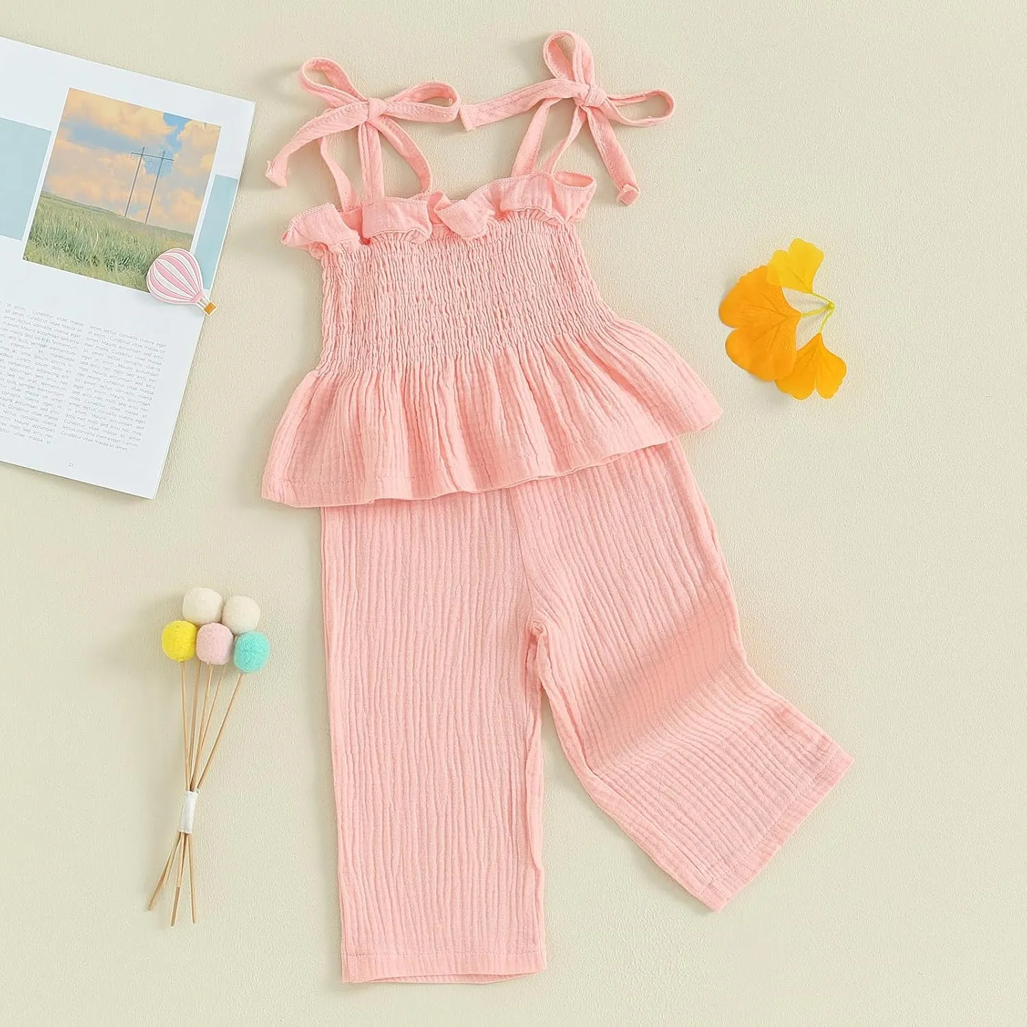 VISGOGO Infant Baby Toddler Girls Clothes Solid Color Sleeveless Camisole Linen Pants Set Baby Summer Outfits