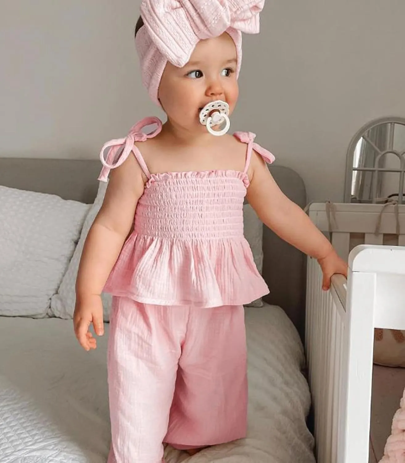 VISGOGO Infant Baby Toddler Girls Clothes Solid Color Sleeveless Camisole Linen Pants Set Baby Summer Outfits