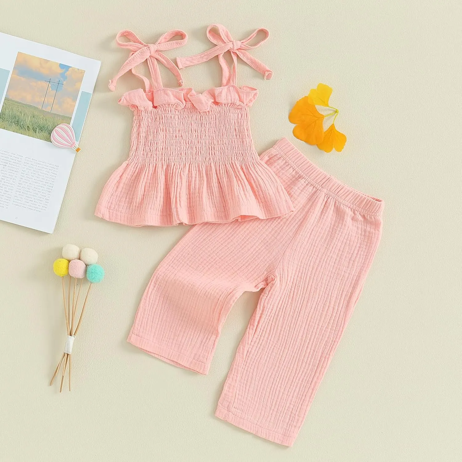 VISGOGO Infant Baby Toddler Girls Clothes Solid Color Sleeveless Camisole Linen Pants Set Baby Summer Outfits