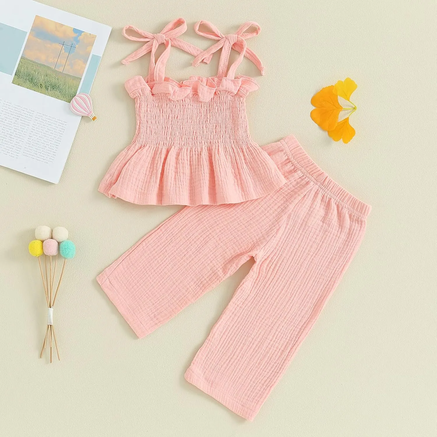 VISGOGO Infant Baby Toddler Girls Clothes Solid Color Sleeveless Camisole Linen Pants Set Baby Summer Outfits