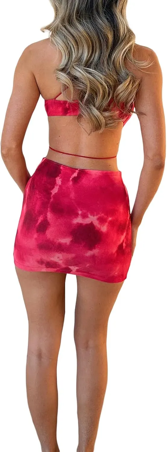 VISGOGO Summer Dresses for Women 2023 Bodycon Dress Tie-Dye Print Ruffles Deep V-Neck Backless Party Club Mini Dress