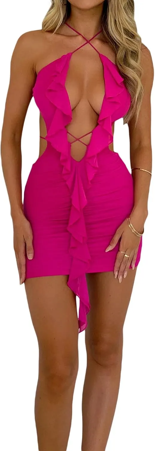 VISGOGO Summer Dresses for Women 2023 Bodycon Dress Tie-Dye Print Ruffles Deep V-Neck Backless Party Club Mini Dress