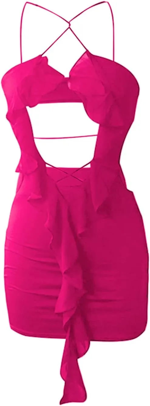 VISGOGO Summer Dresses for Women 2023 Bodycon Dress Tie-Dye Print Ruffles Deep V-Neck Backless Party Club Mini Dress