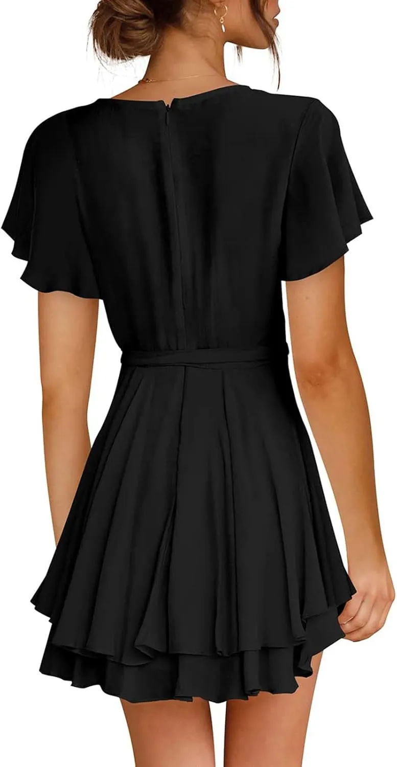 Waist Tie Layer Ruffle Dresses V-Neck Bandage Tunic Solid Mini Dress Short Sleeve Summer Dress for Women Sexy Sundress