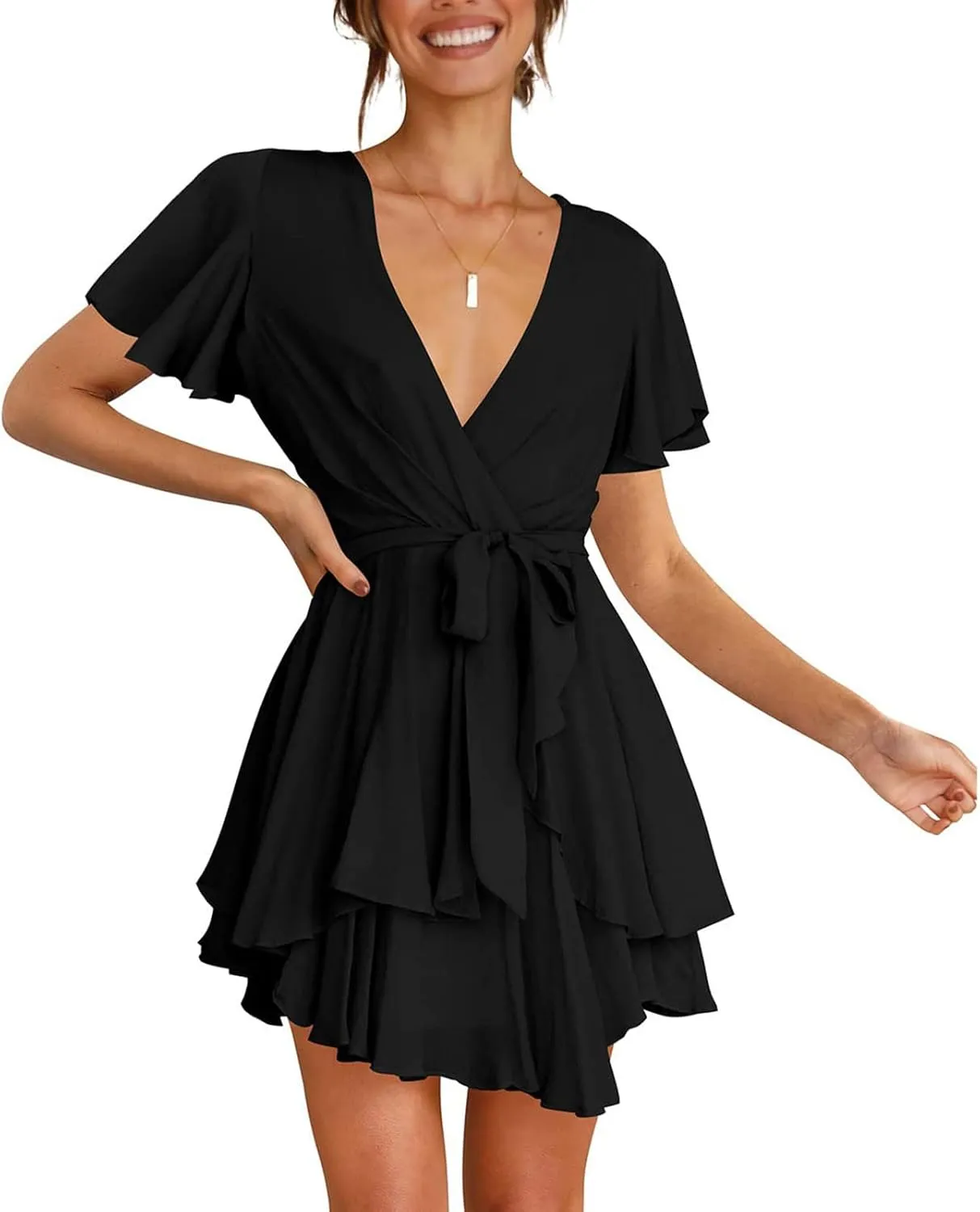 Waist Tie Layer Ruffle Dresses V-Neck Bandage Tunic Solid Mini Dress Short Sleeve Summer Dress for Women Sexy Sundress