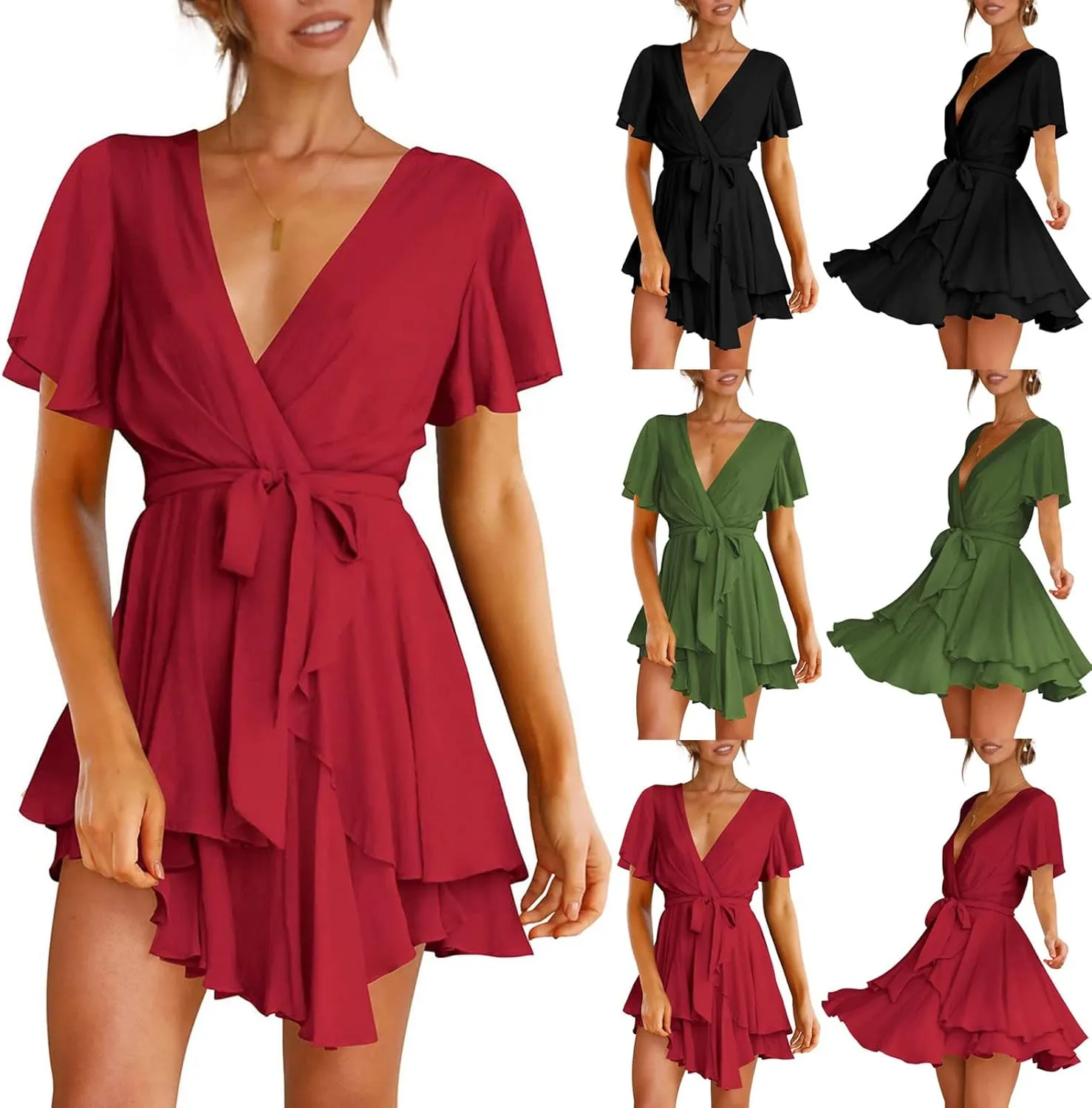 Waist Tie Layer Ruffle Dresses V-Neck Bandage Tunic Solid Mini Dress Short Sleeve Summer Dress for Women Sexy Sundress