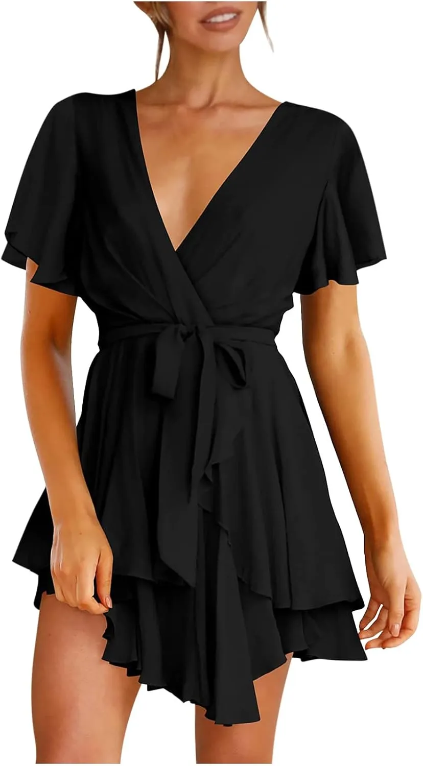 Waist Tie Layer Ruffle Dresses V-Neck Bandage Tunic Solid Mini Dress Short Sleeve Summer Dress for Women Sexy Sundress