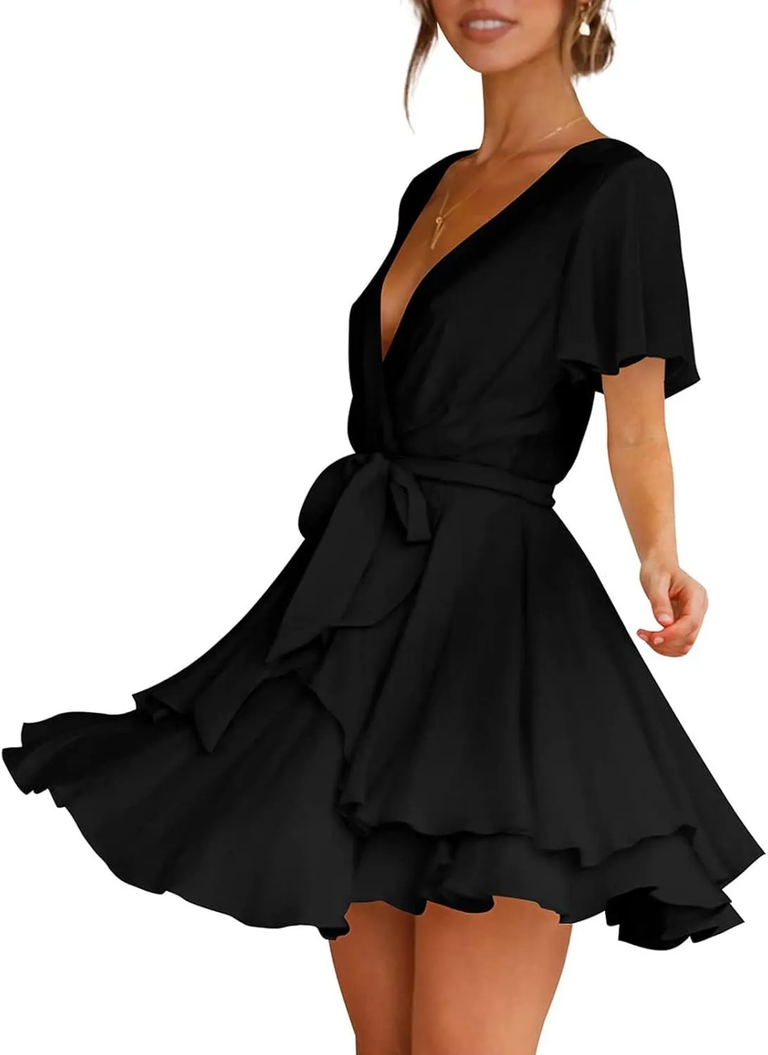 Waist Tie Layer Ruffle Dresses V-Neck Bandage Tunic Solid Mini Dress Short Sleeve Summer Dress for Women Sexy Sundress
