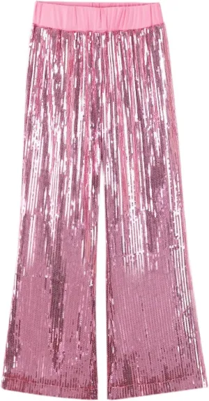 WELAKEN Girls Sequin Flare Pants Sparkle Elastic Waist Dance Pants with Pockets