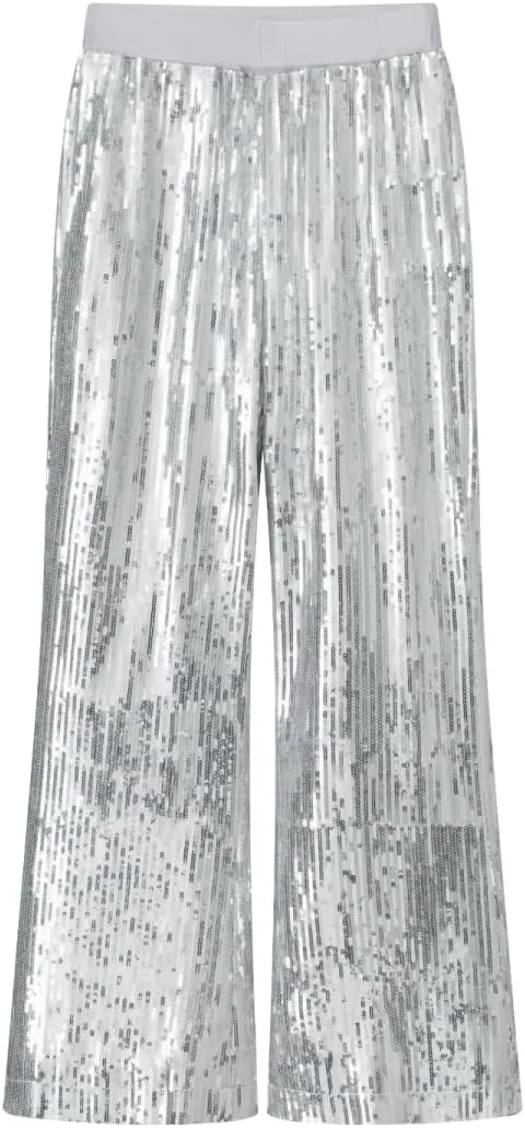WELAKEN Girls Sequin Flare Pants Sparkle Elastic Waist Dance Pants with Pockets