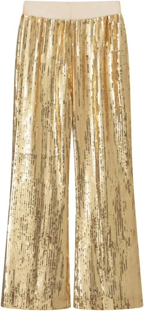 WELAKEN Girls Sequin Flare Pants Sparkle Elastic Waist Dance Pants with Pockets