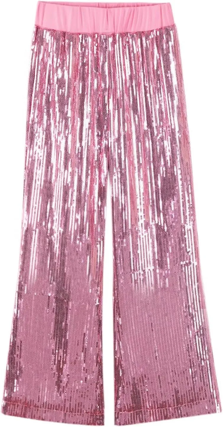 WELAKEN Girls Sequin Flare Pants Sparkle Elastic Waist Dance Pants with Pockets