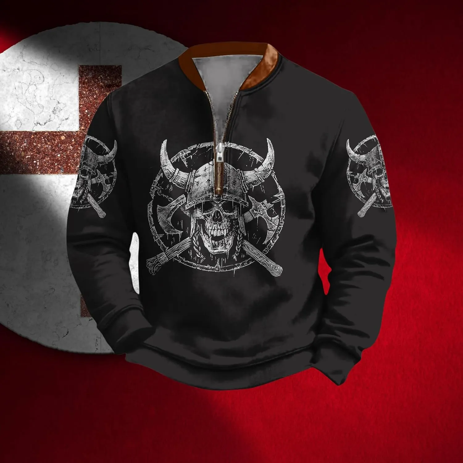Western Skull Grapic Hoodies For Men Half Zip Pullover Novelty Nautical Anchor Print Outdoor Casual Sweatshirts