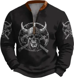Western Skull Grapic Hoodies For Men Half Zip Pullover Novelty Nautical Anchor Print Outdoor Casual Sweatshirts