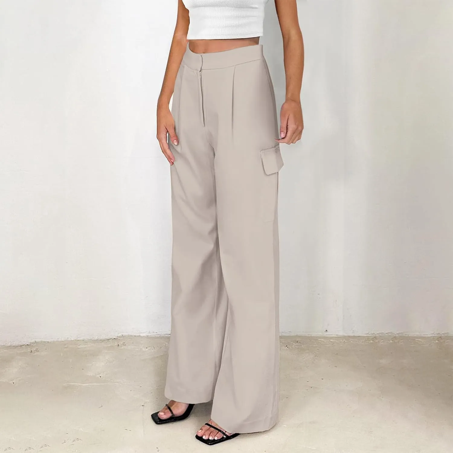 Wide Leg Cargo Pants for Women High Waist Straight Trousers Lightweight Business Casual Dress Pants with Pockets