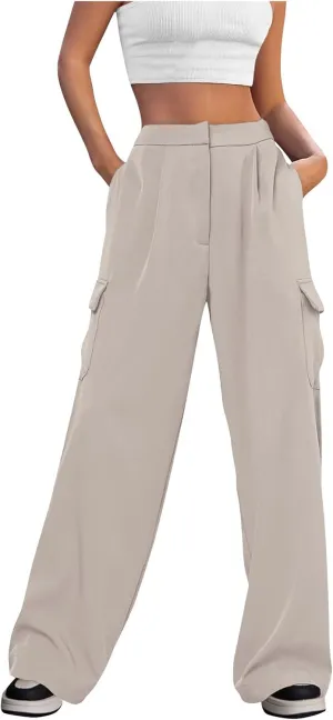Wide Leg Cargo Pants for Women High Waist Straight Trousers Lightweight Business Casual Dress Pants with Pockets