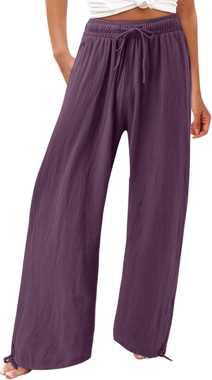 Wide Leg Linen Pants for Women Casual High Waisted Palazzo Pants Lightweight Summer Flowy Beach Trousers with Pockets