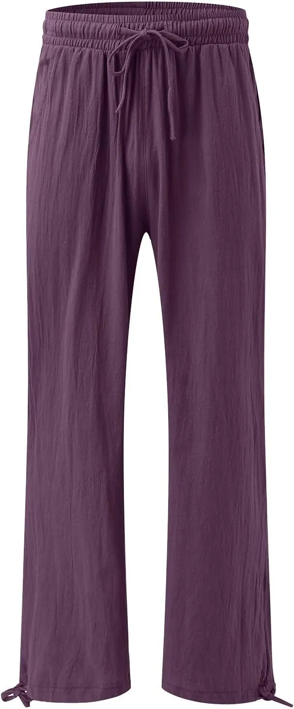 Wide Leg Linen Pants for Women Casual High Waisted Palazzo Pants Lightweight Summer Flowy Beach Trousers with Pockets