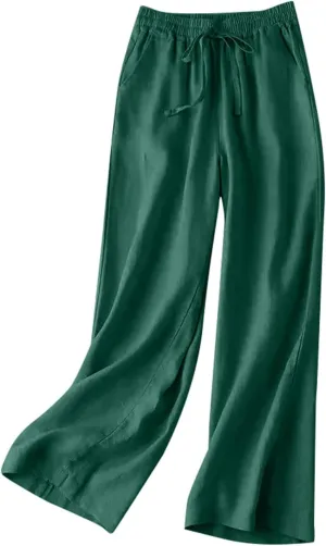 Wide Leg Pants for Women, Straight Leg Drawstring Linen Pants Wide High