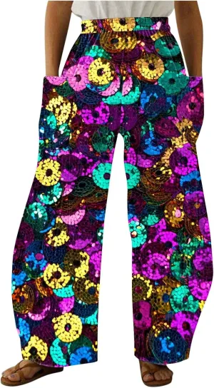 Wide Leg Pants for Women Vintage Sequin Glitter Print Straight Palazzo Dressy Casual High Waisted Lounge Trousers
