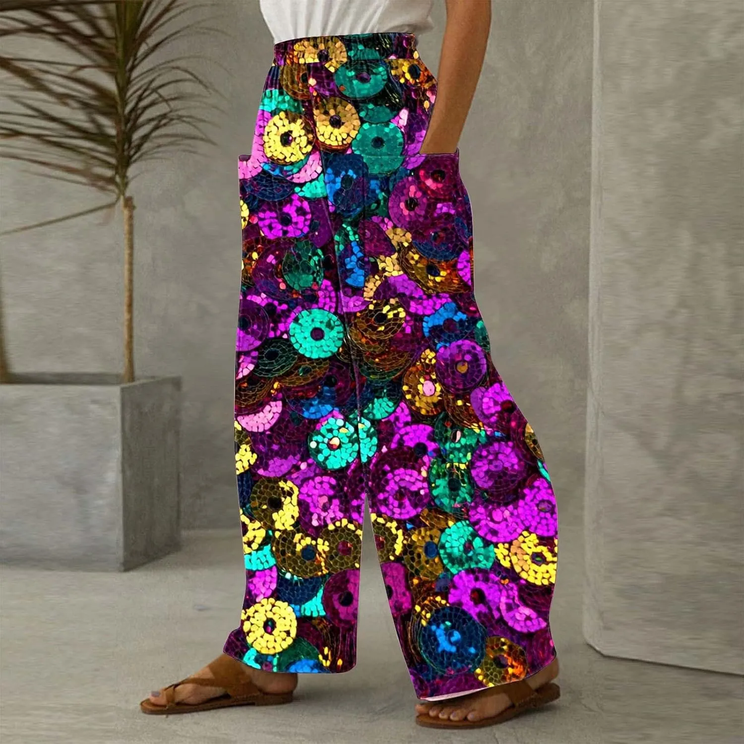 Wide Leg Pants for Women Vintage Sequin Glitter Print Straight Palazzo Dressy Casual High Waisted Lounge Trousers