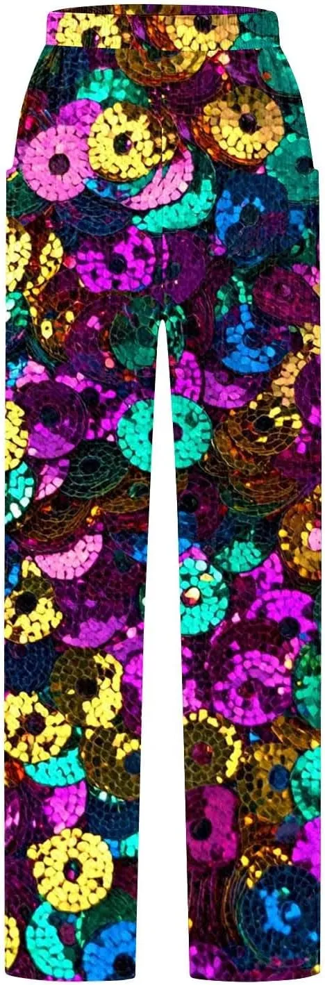 Wide Leg Pants for Women Vintage Sequin Glitter Print Straight Palazzo Dressy Casual High Waisted Lounge Trousers