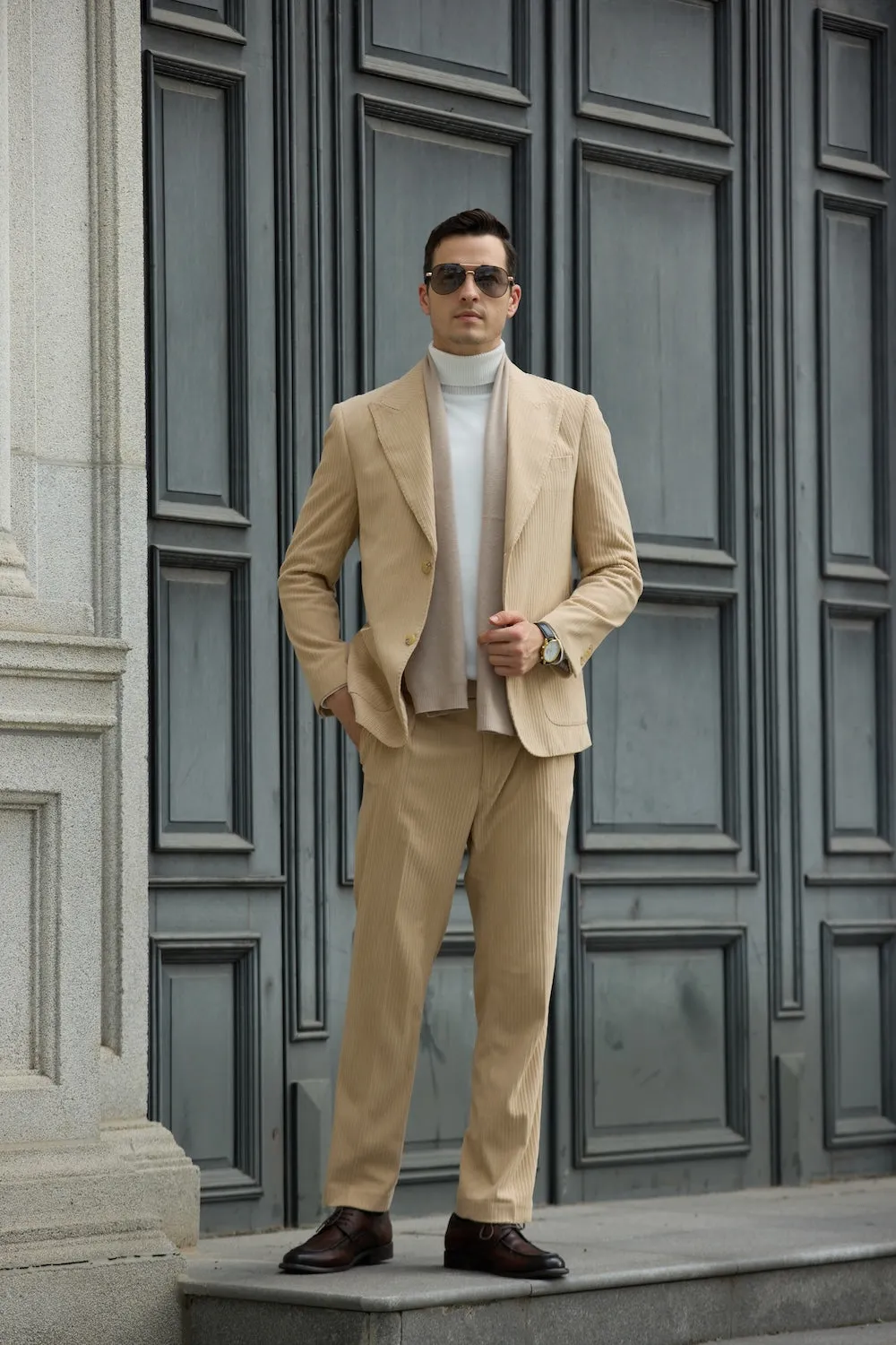 Winter Corduroy Peak Lapel 2 Pieces Men's Suits Jacket Pants 2786